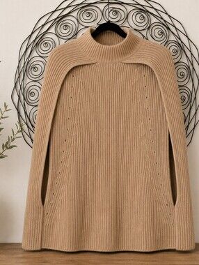 Camille & Co. NWT S/M Ribbed Knit Cape Poncho Sweater Mock Neck Beige